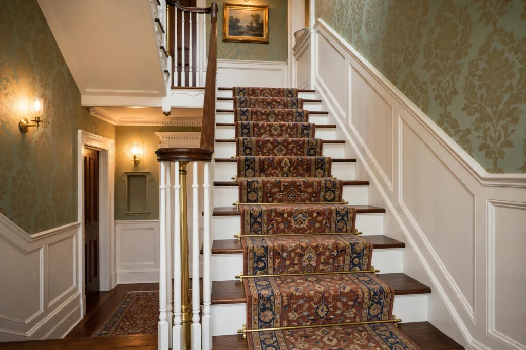 Wooden staircase dressed with a patterned carpet runner held by brass stair rods