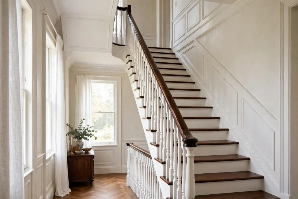 Traditional staircase with white painted risers, dark stained treads and turned wood balusters
