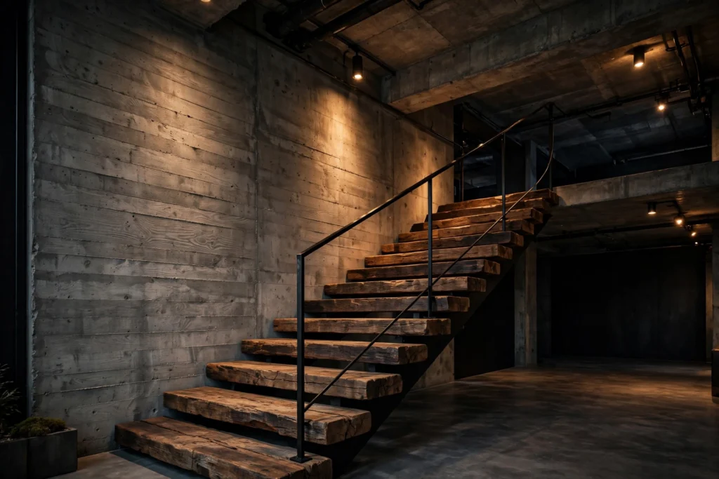 Industrial staircase with board-formed concrete wall, steel railing and timber treads