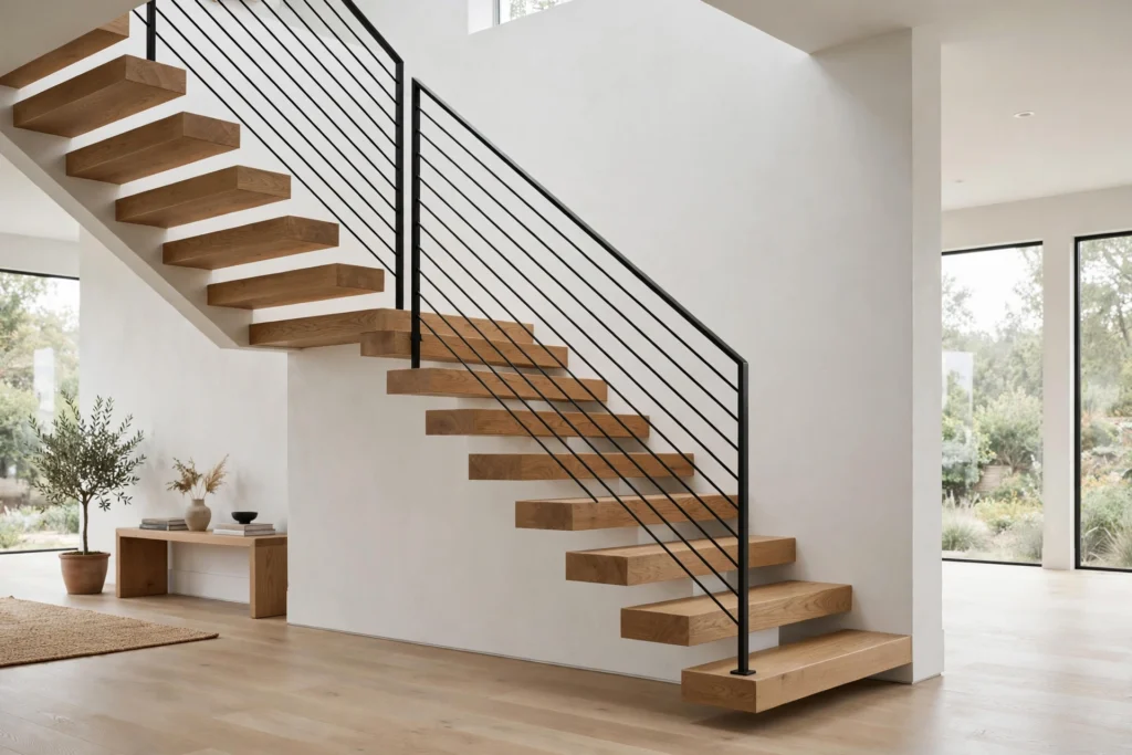 Floating oak treads with concealed steel supports and cable railing in a bright modern home