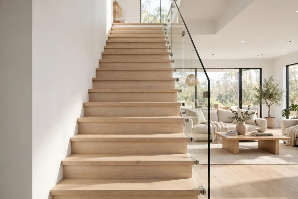 Straight staircase with frameless glass balustrade and brushed steel clamps