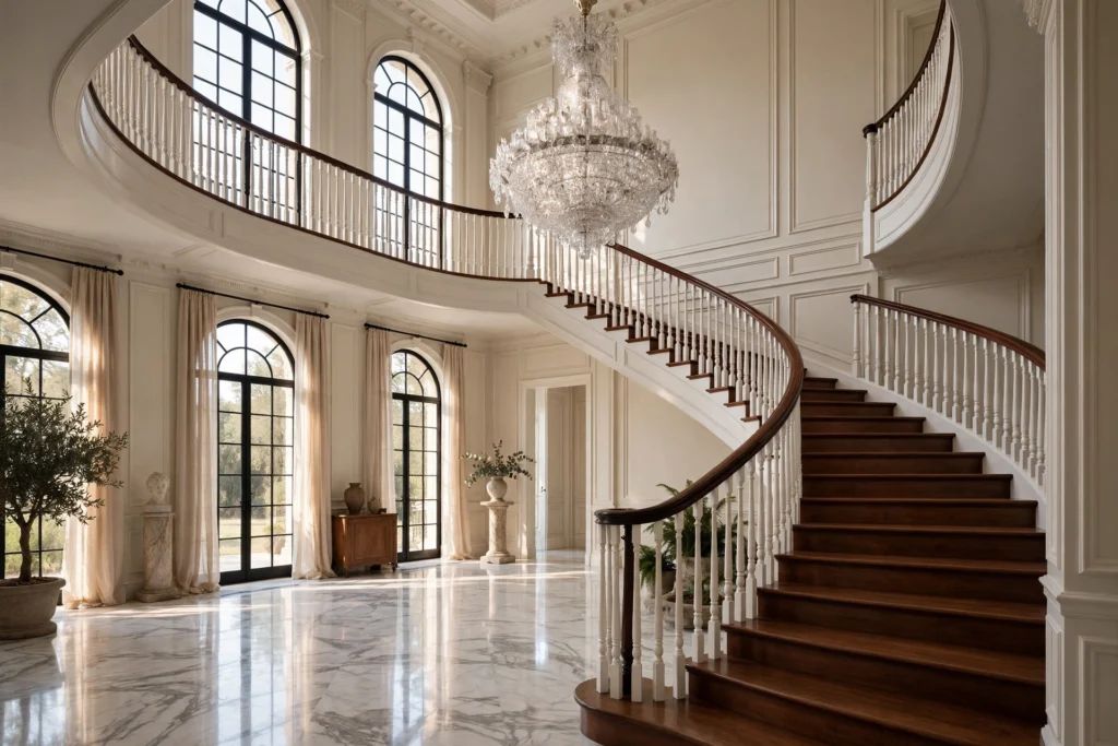Grand curved wooden staircase sweeping through a double-height entry with statement chandelier