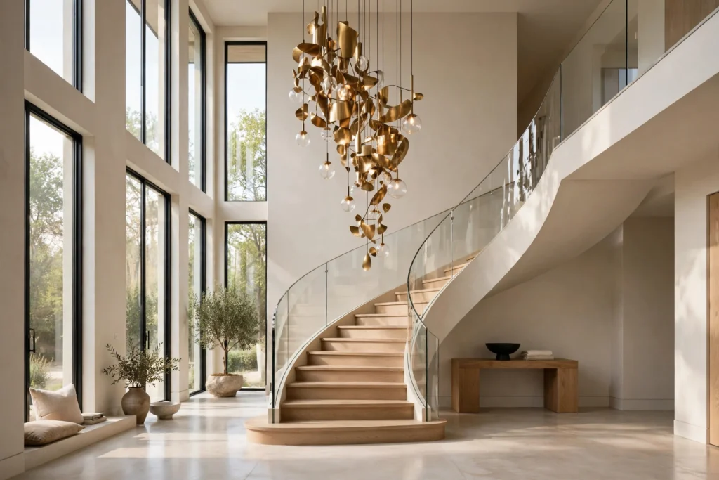 Grand double-height entryway with a sweeping modern staircase, glass railing and oversized pendant light