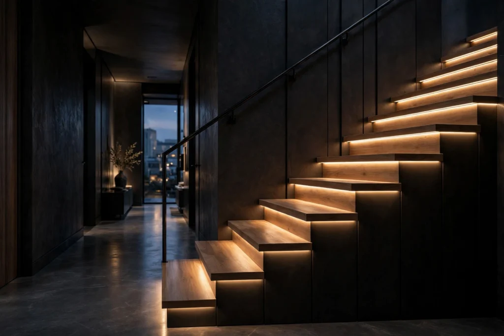 Warm LED strip lighting beneath each floating wooden stair tread at dusk