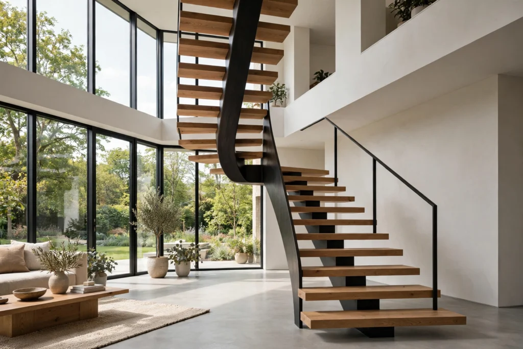 Mono-stringer staircase with single central steel spine and thick timber treads