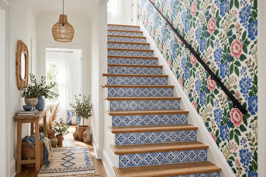 Staircase with patterned encaustic-look risers and bold wallpapered stair wall