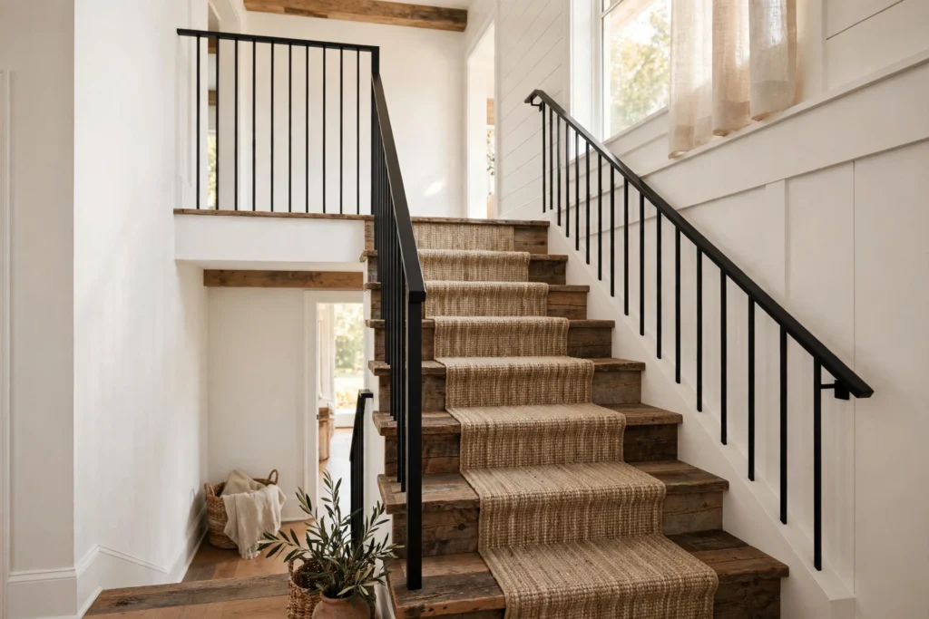 Modern farmhouse staircase with reclaimed wood treads and black metal balusters