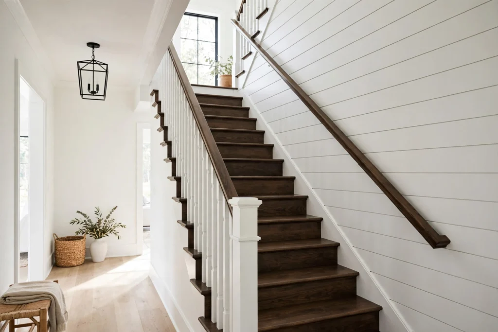 Farmhouse staircase with white shiplap feature wall and dark wood handrail