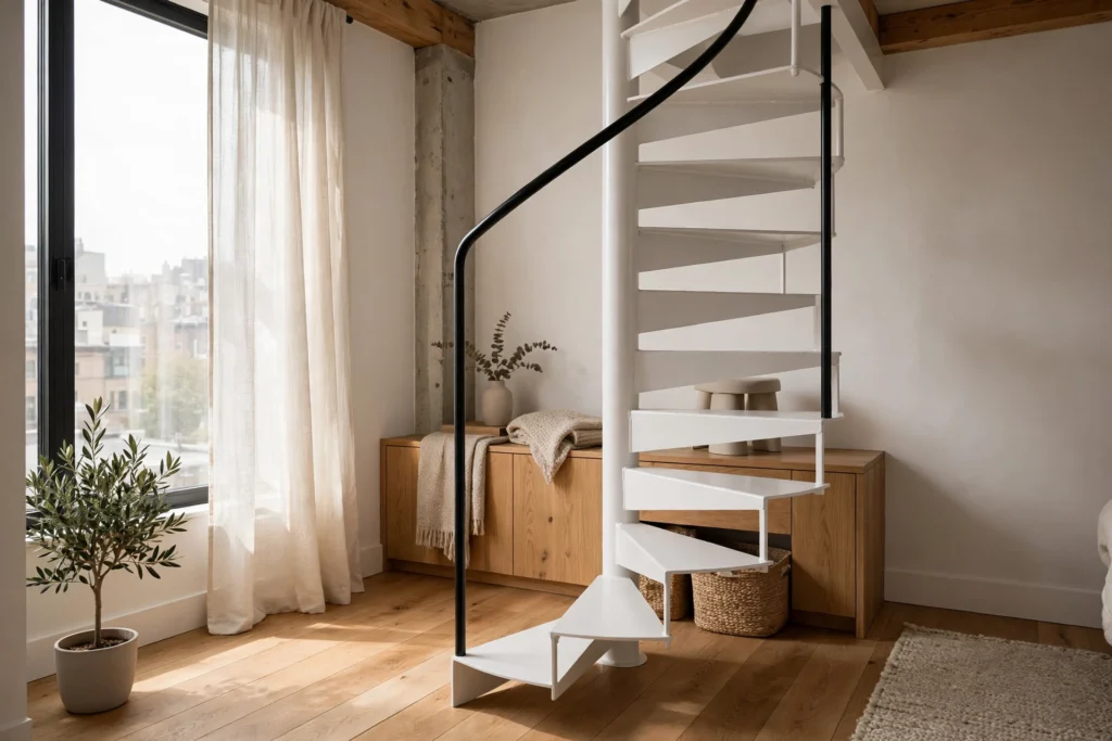 Compact white spiral staircase with black metal railing in a small loft