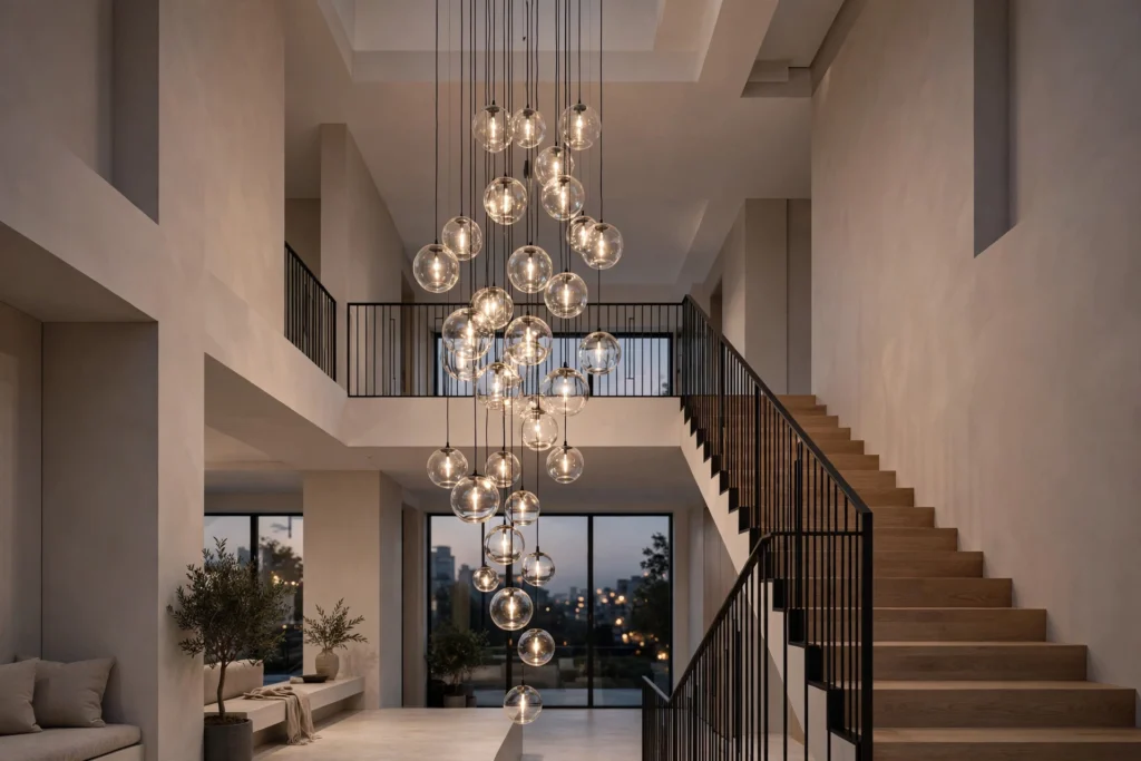 Oversized sculptural pendant light cascading over a double-height staircase void