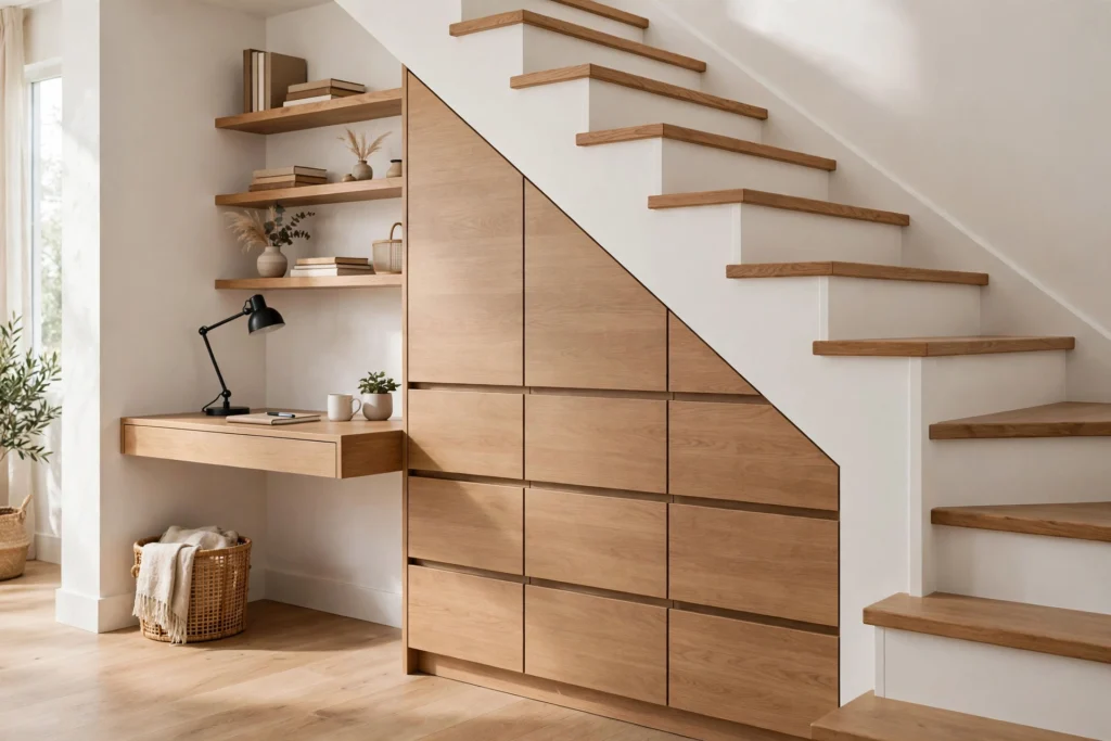 Fitted under-stair storage drawers beside a small built-in study desk nook