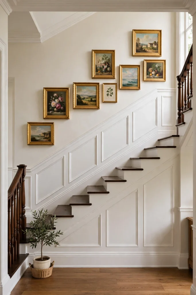 Staircase wall with white wainscoting and a framed art gallery climbing the stairs