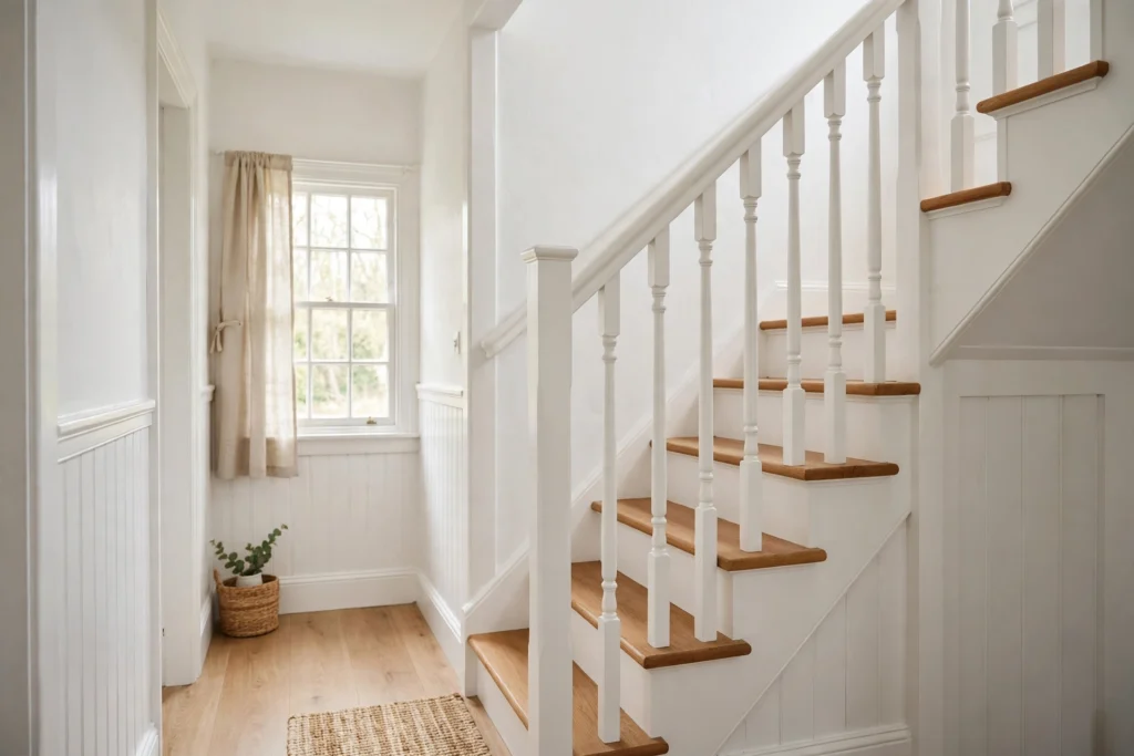 All-white painted staircase with natural oak treads in a bright cottage hallway