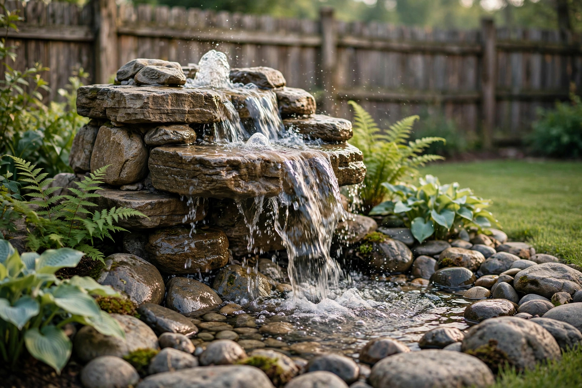 Natural stone bubbling rock fountain with flowing water, set in a bed of river rocks, ferns and hostas.