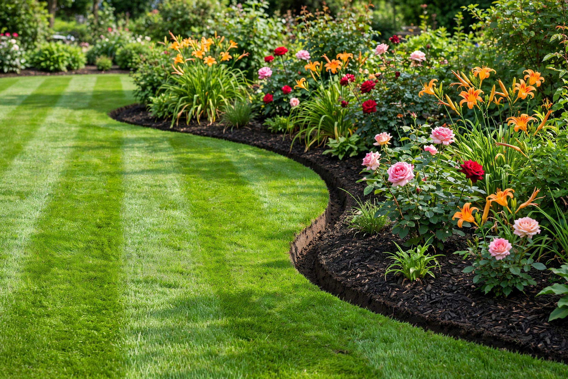 Lush striped lawn with a sharply defined curved edge against a dark-mulched flower bed.