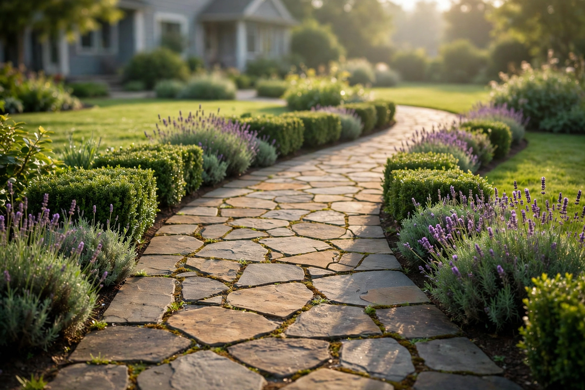 Gently curving flagstone pathway through a landscaped backyard, lined with lavender and boxwood plantings.
