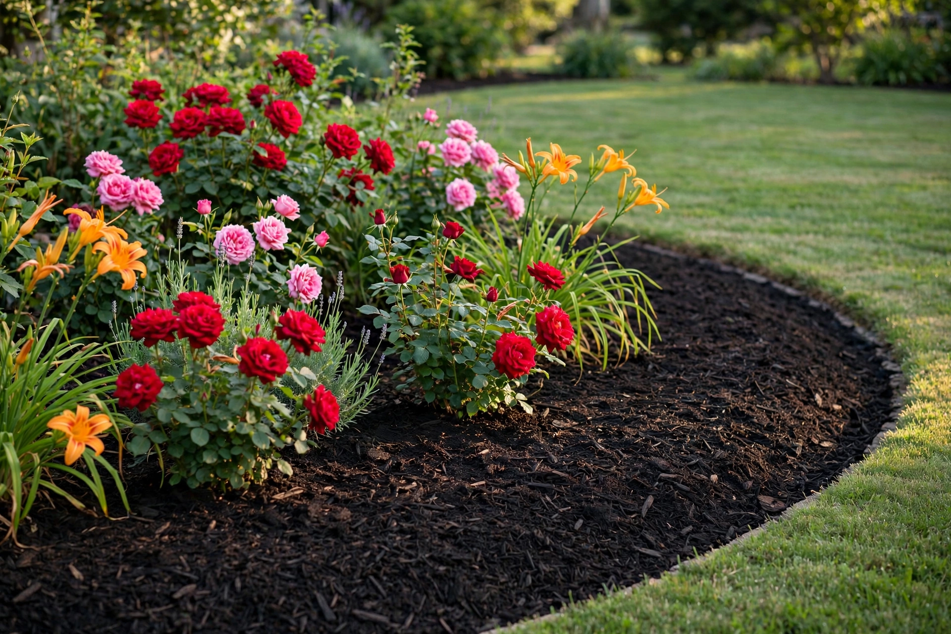 Flower beds topped with fresh dark bark mulch around roses and daylilies, creating strong colour contrast.