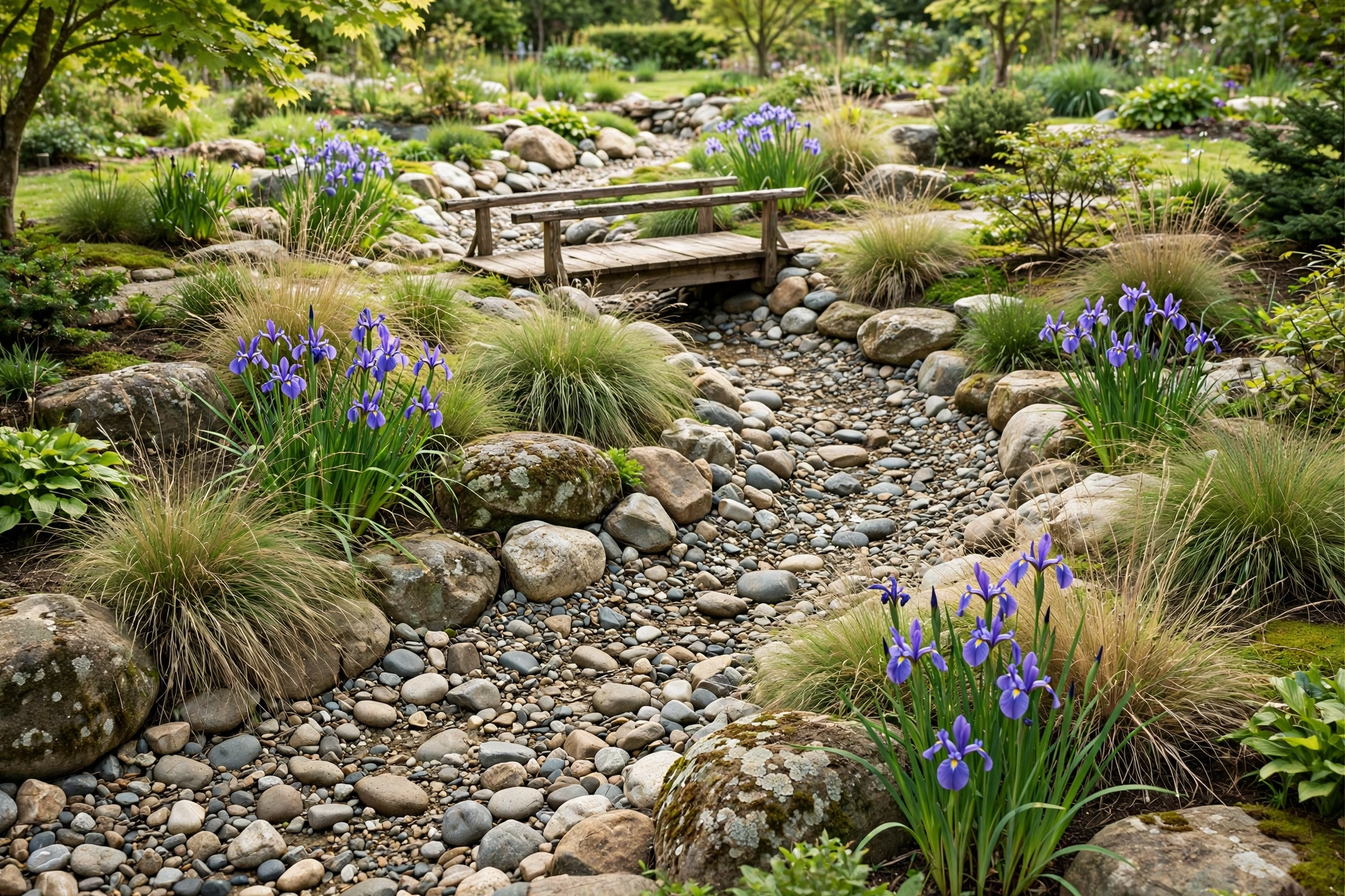Winding dry creek bed of smooth river stones with ornamental grasses and a small wooden footbridge.