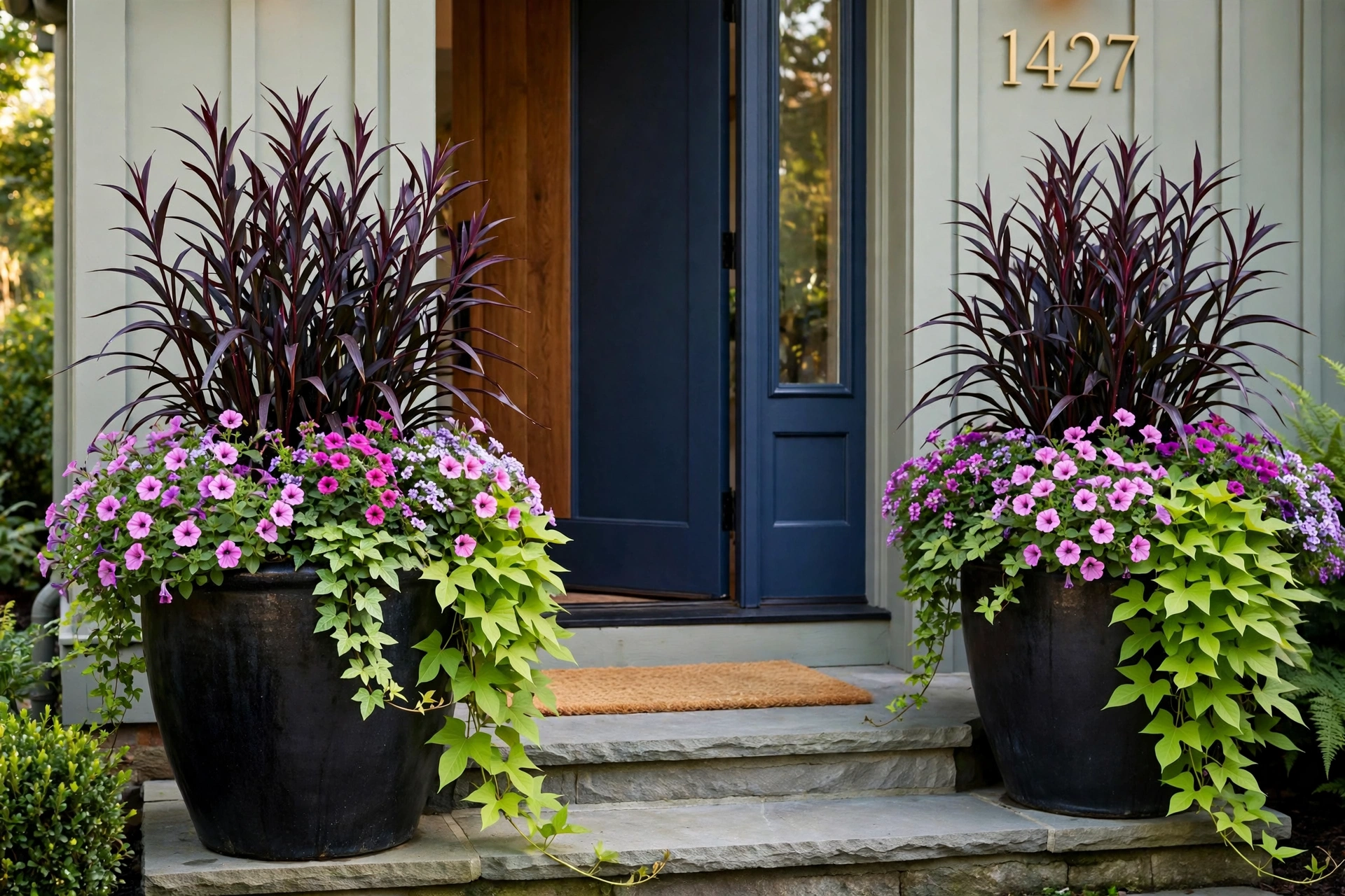 Oversized black planters with layered thriller-filler-spiller planting flanking a front door.