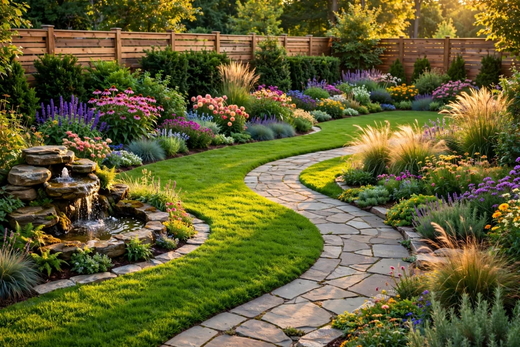 Sweeping view of a landscaped backyard at golden hour with layered flower beds, a curving stone path, a lush lawn and a bubbling rock fountain.