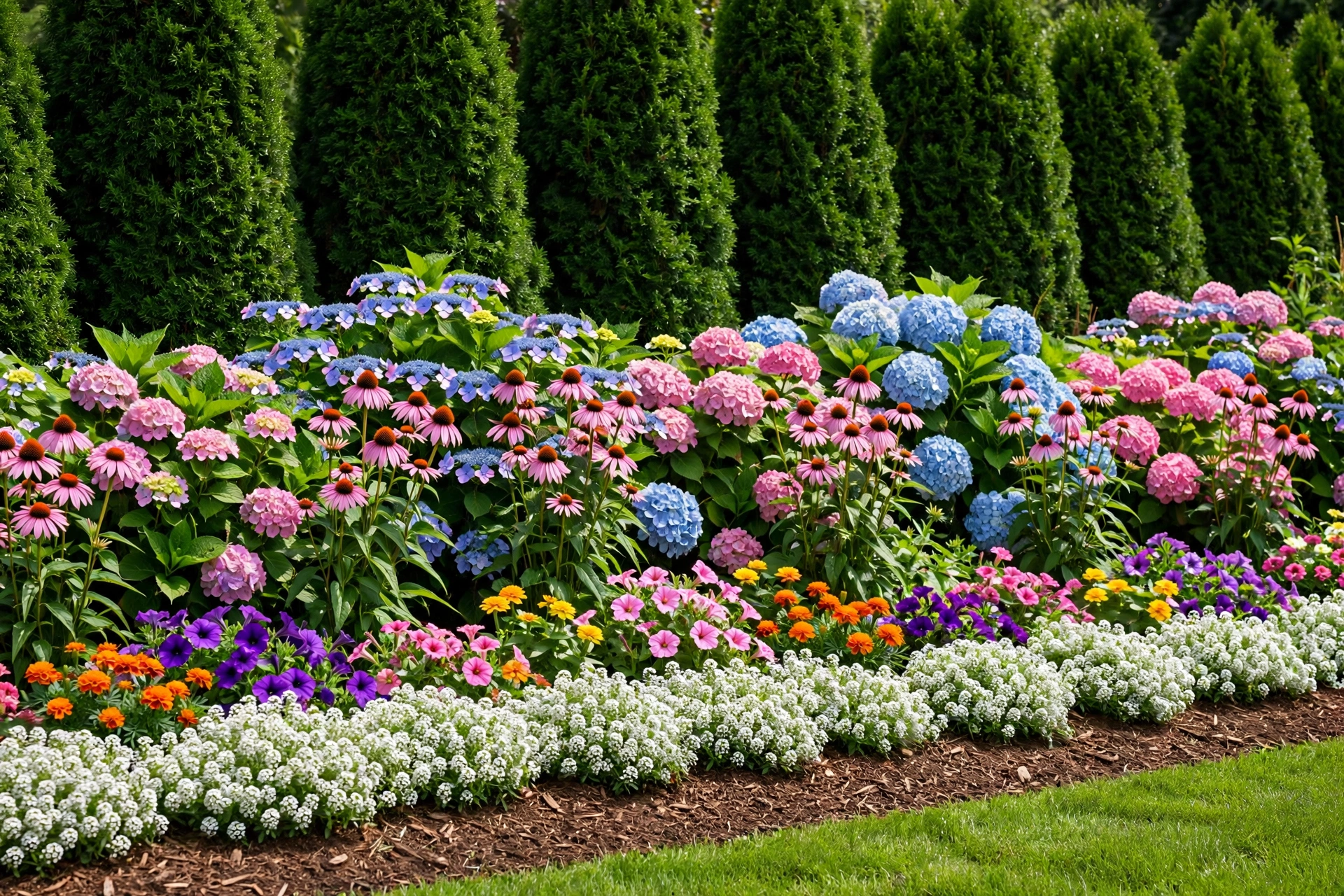 Layered flower bed with evergreen shrubs at the back, flowering hydrangeas and coneflowers in the middle, and low colourful annuals in front.