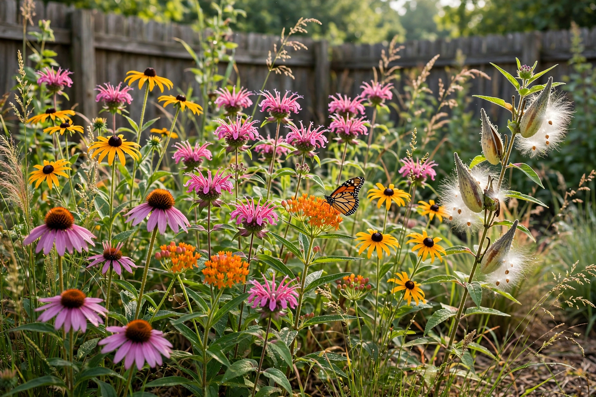 Native pollinator garden with purple coneflowers, bee balm and black-eyed Susans, a butterfly on a bloom.
