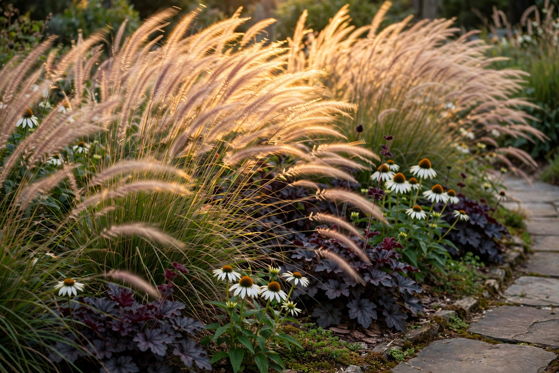 Ornamental fountain grasses with feathery plumes catching golden evening light in a landscaped bed.