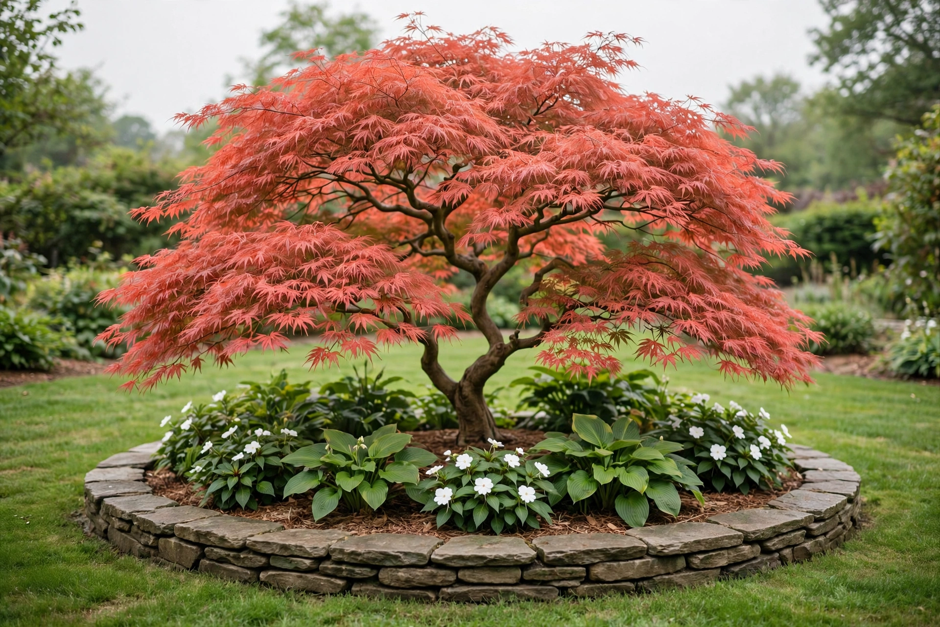 Sculptural Japanese maple as the centrepiece of a landscaped island bed ringed with stone edging.