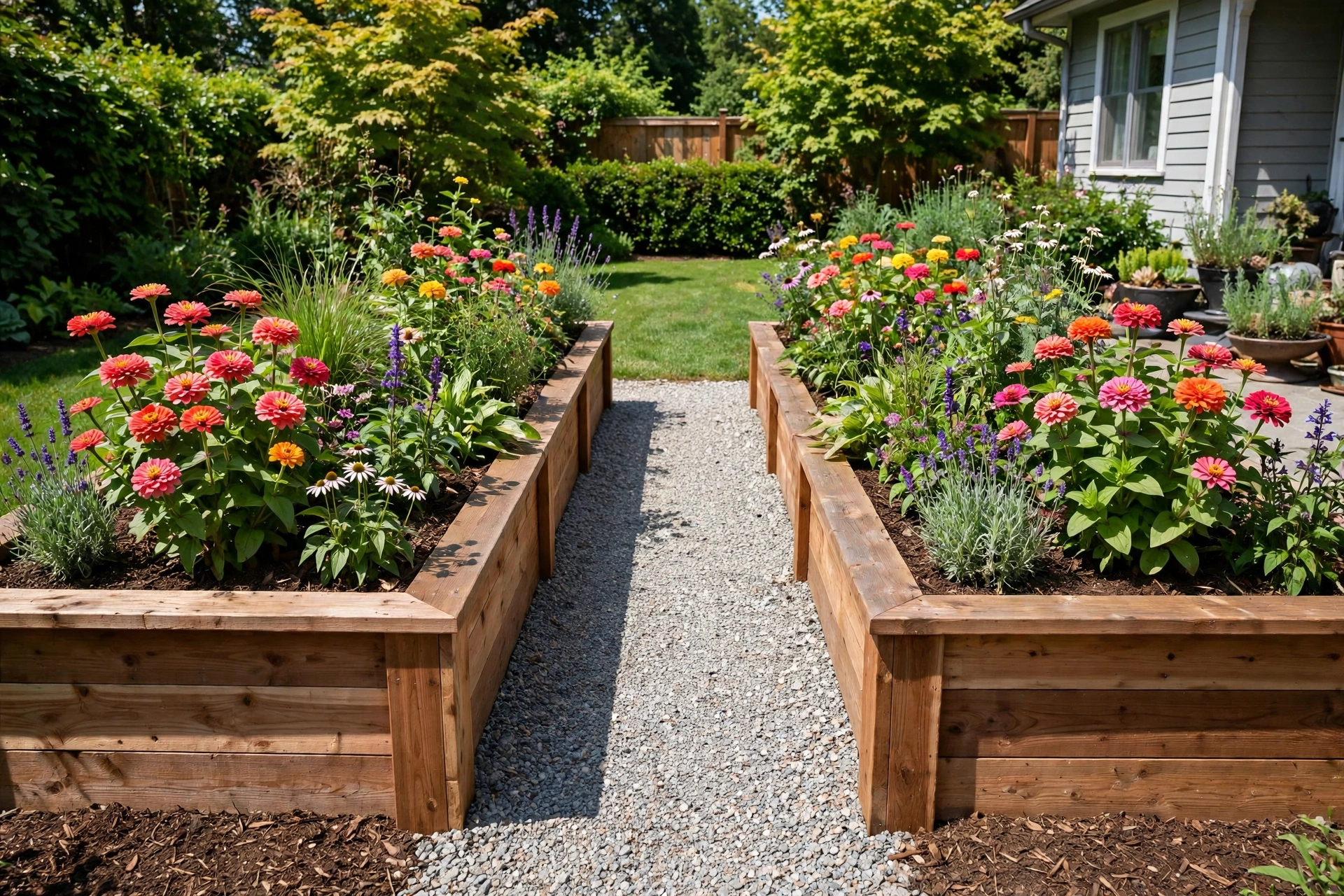 Cedar raised planting beds with ornamental perennials and zinnias beside a gravel path.