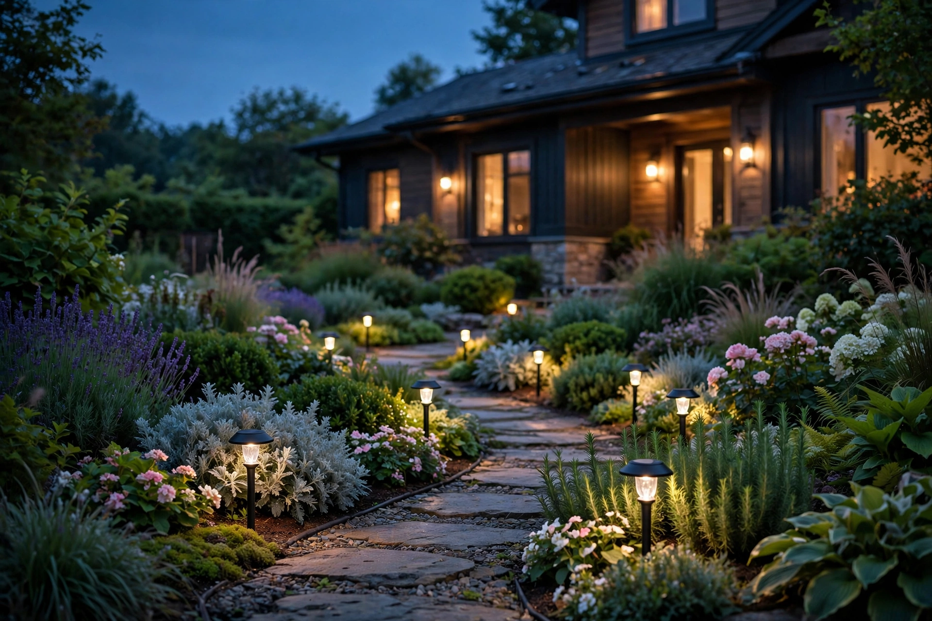 Solar landscape lights glowing warm white along a garden path at dusk, washing over layered shrubs.