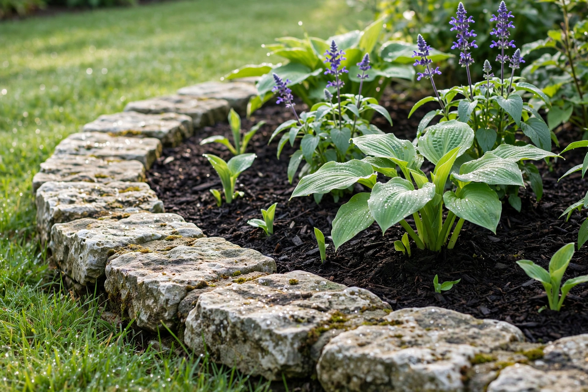 Curved garden bed with natural limestone edging stones, dark mulch, hostas and purple salvia beside a green lawn.