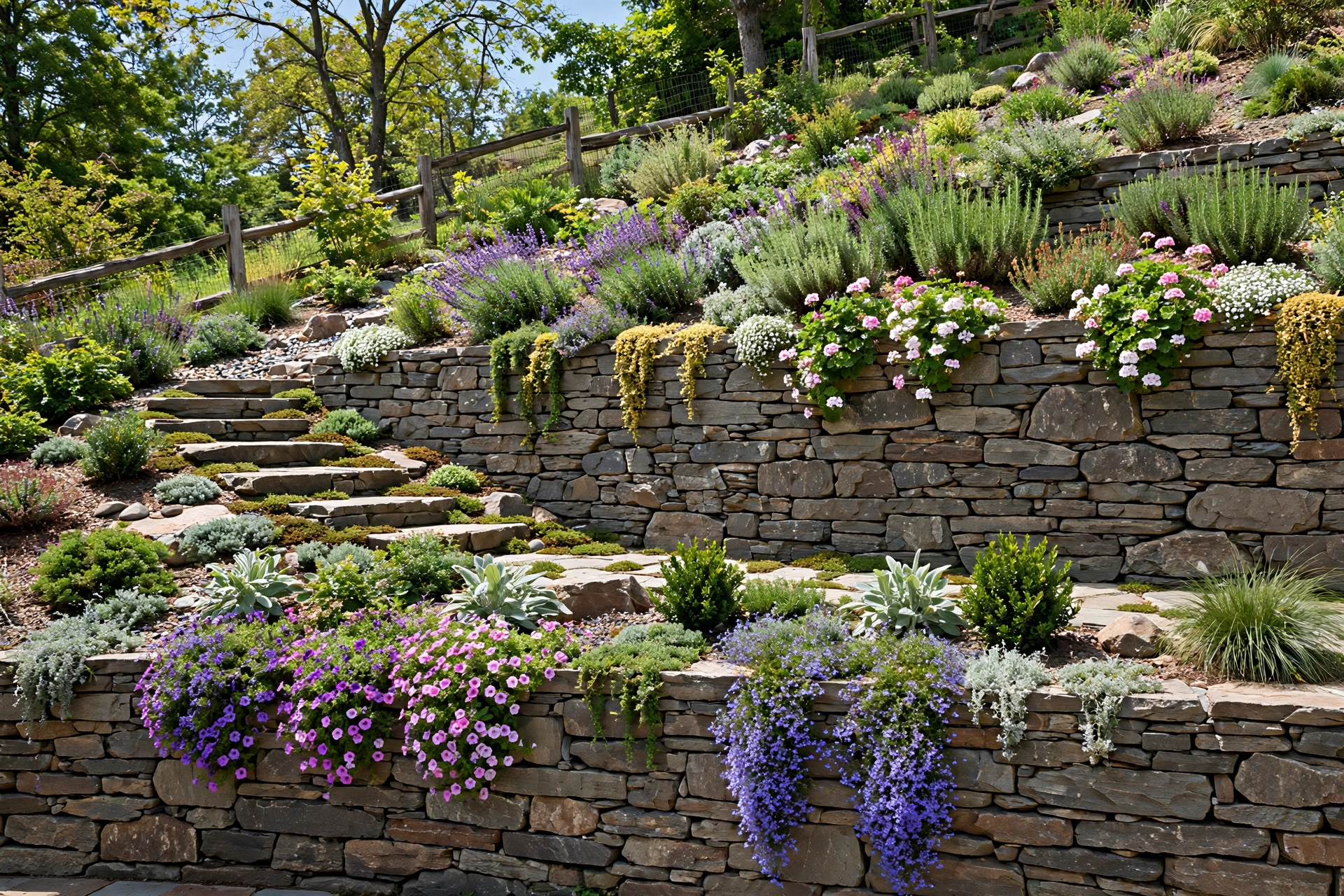 Sloped backyard with natural stone retaining walls forming terraced planting beds with cascading flowers.