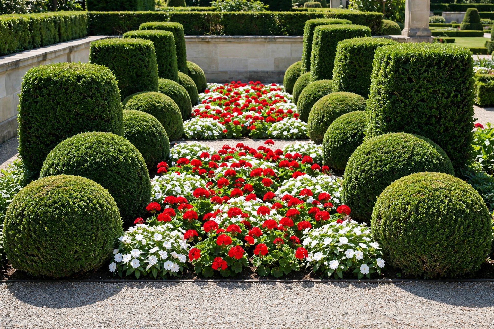 Perfectly trimmed rounded boxwood hedges framing a symmetrical flower bed with red geraniums.
