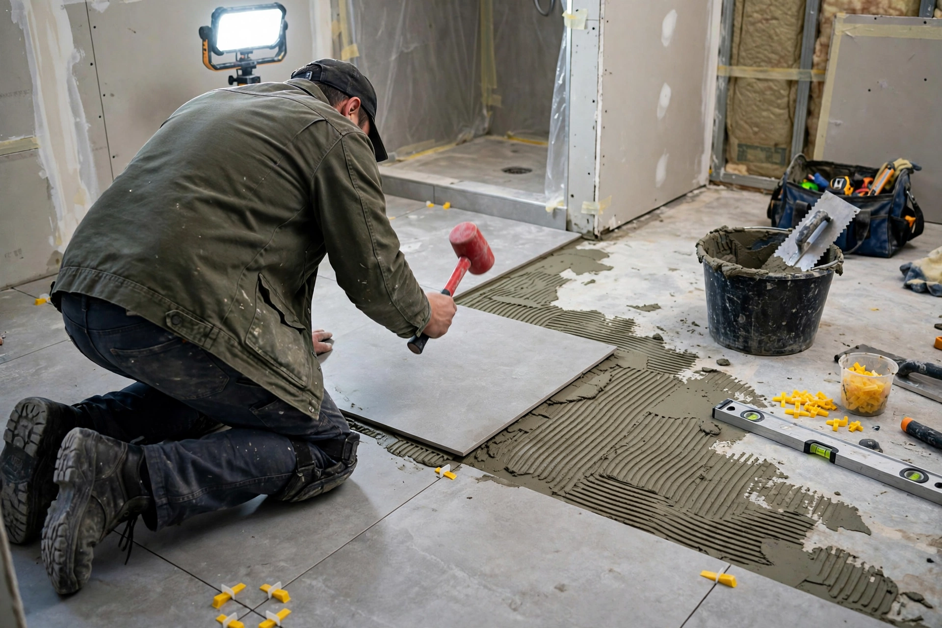 Contractor installing bathroom floor tile with level and spacers on a remodel job site