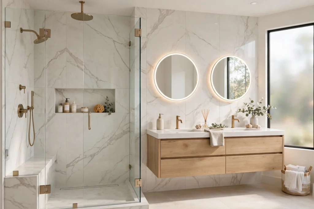 Elegant remodeled bathroom with white walk-in shower, floating oak vanity and brushed brass fixtures