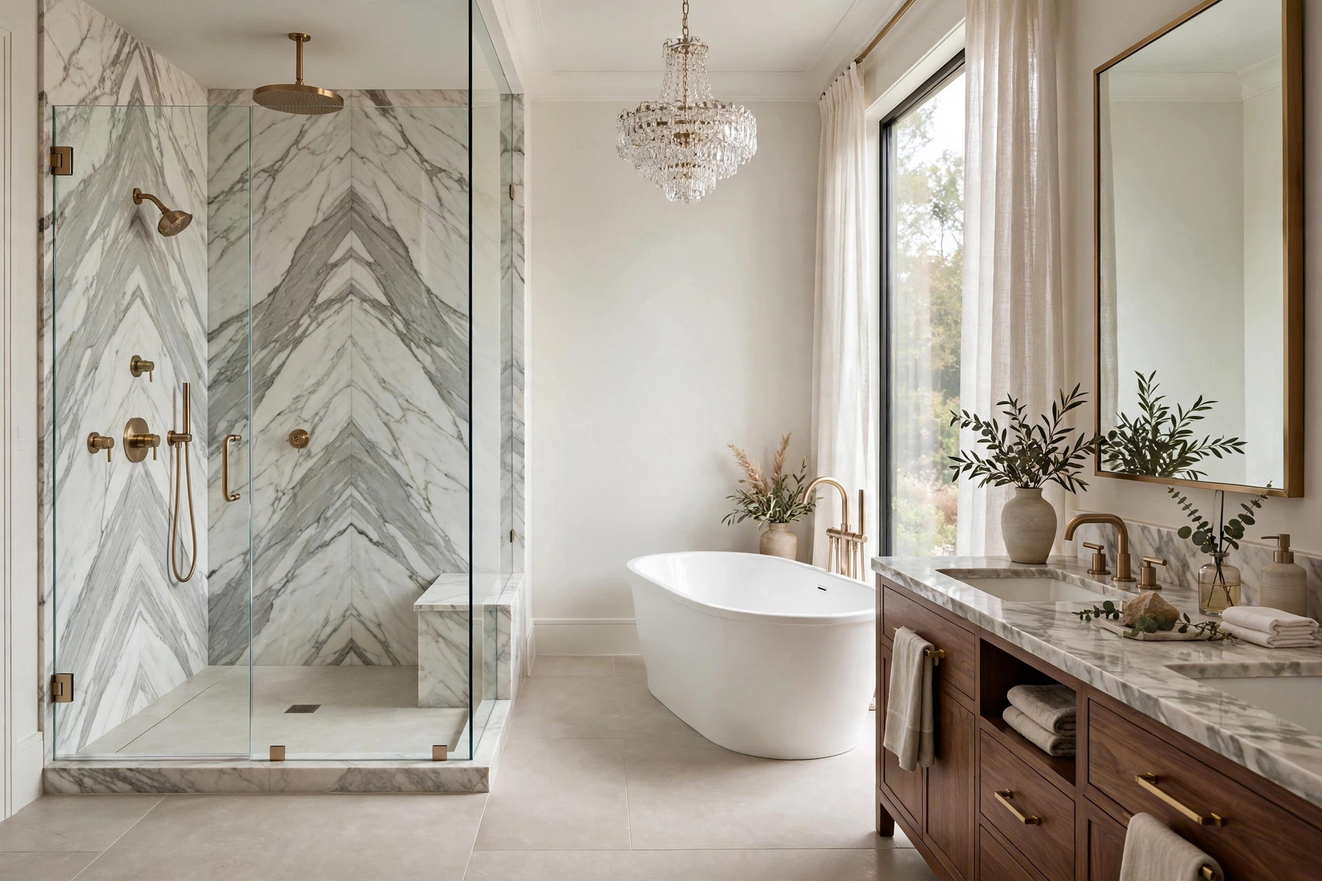 Luxury spa-like bathroom remodel with marble walk-in shower, freestanding soaking tub and double vanity