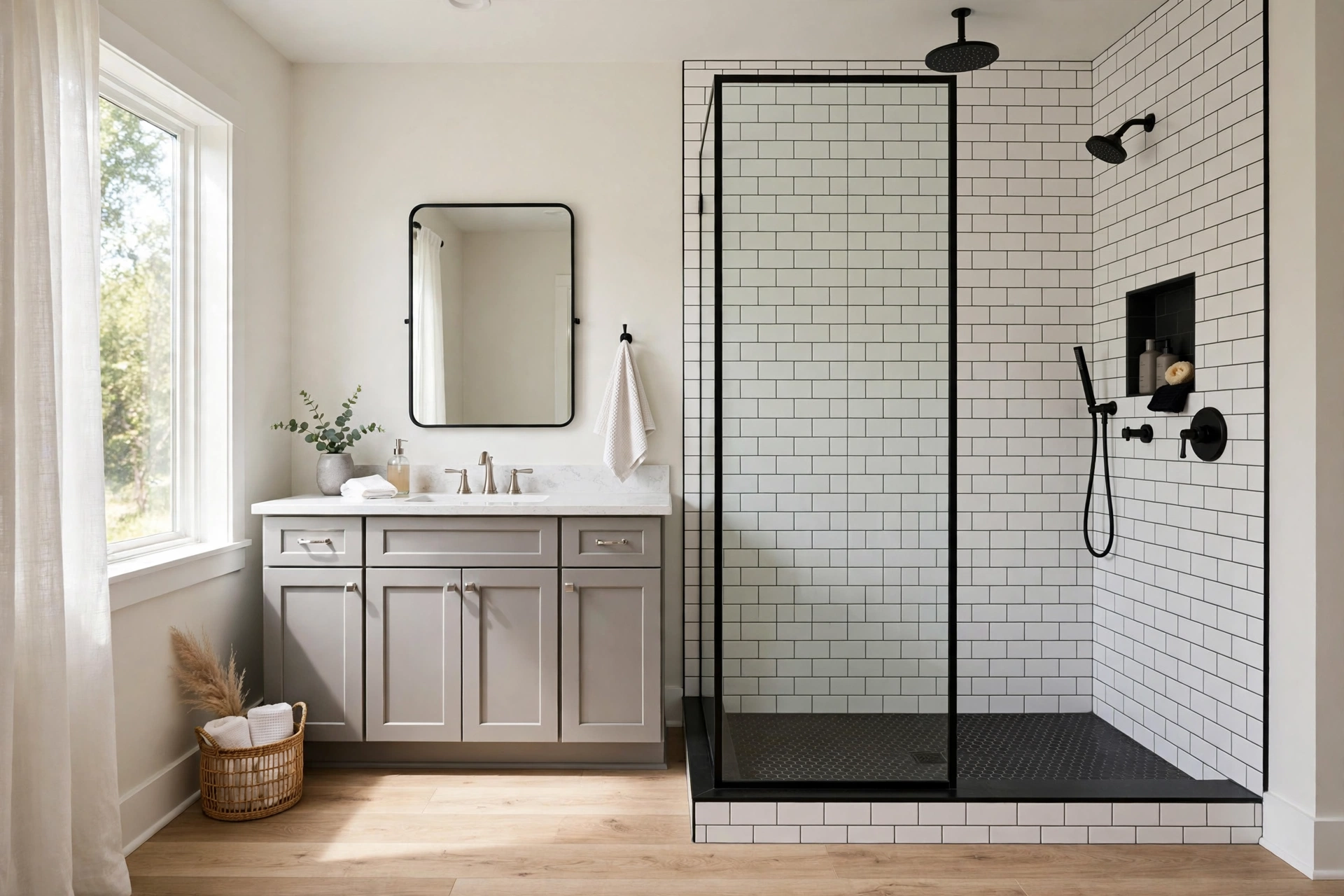 Mid-range bathroom remodel with white subway tile shower, grey vanity and black framed mirror