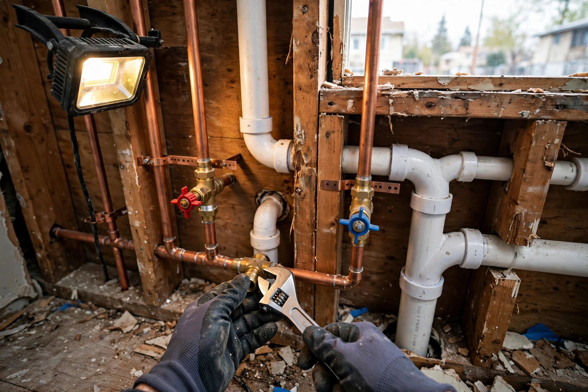 Exposed bathroom wall during remodel showing new copper plumbing pipes and shut-off valves