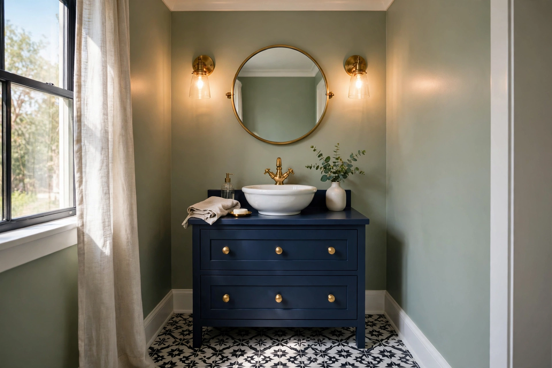 Small powder room refresh with navy vanity, round mirror and patterned floor tile
