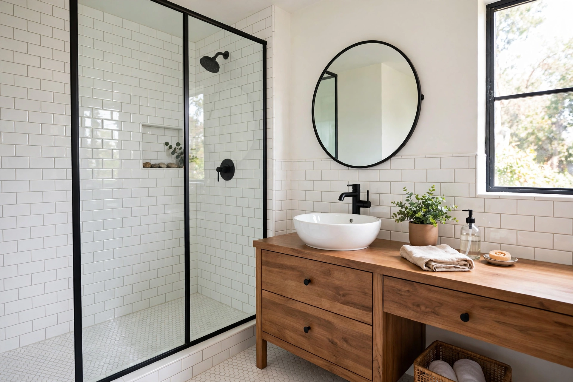 Budget bathroom remodel with white subway tile, wood vanity and black accents