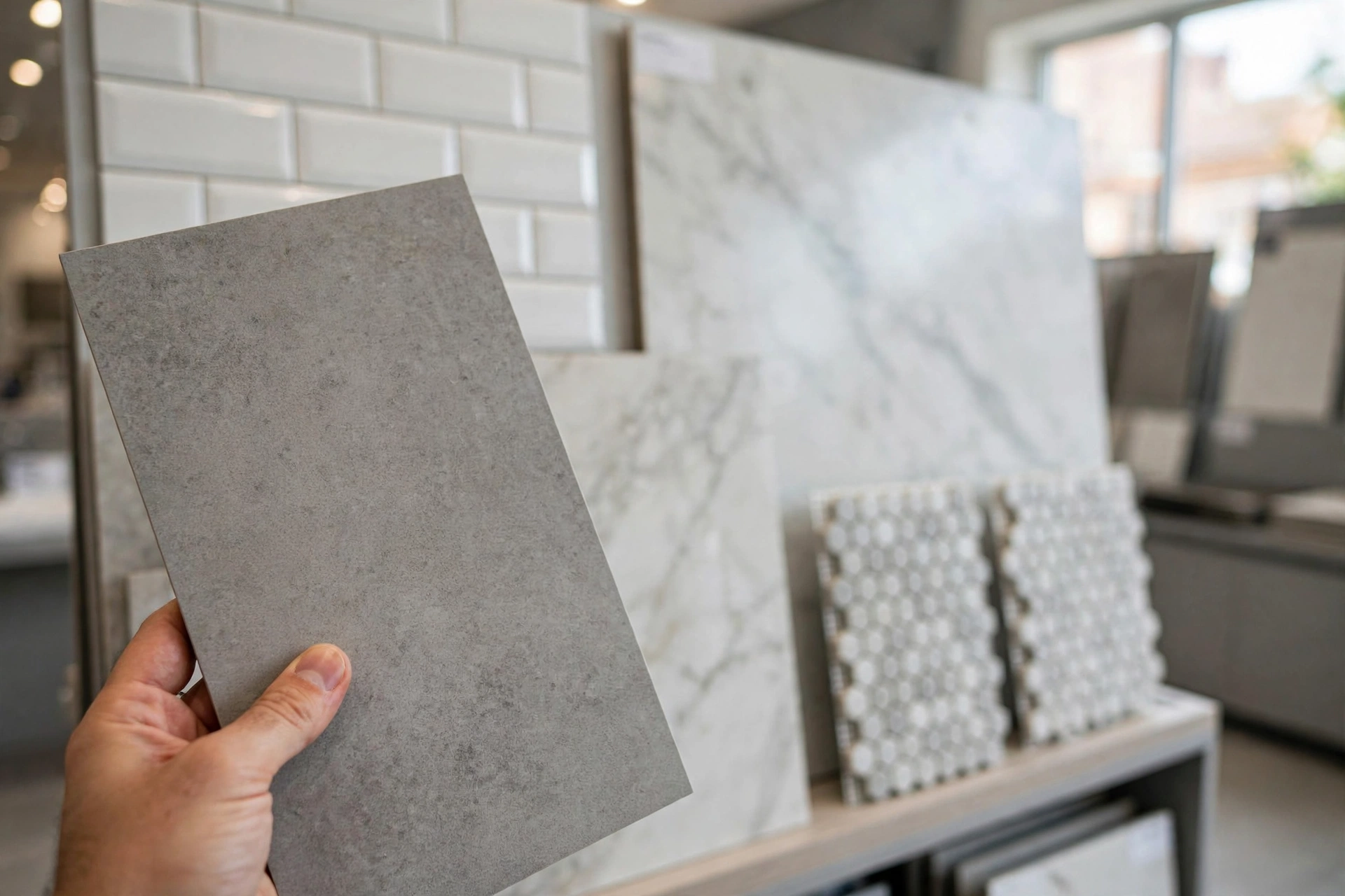 Ceramic and porcelain tile samples being compared for a bathroom remodel