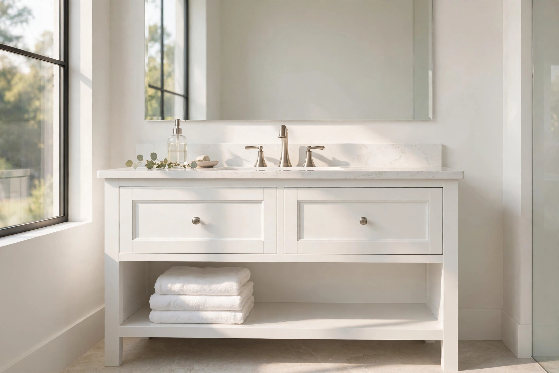 New white shaker vanity with quartz countertop and brushed nickel faucet