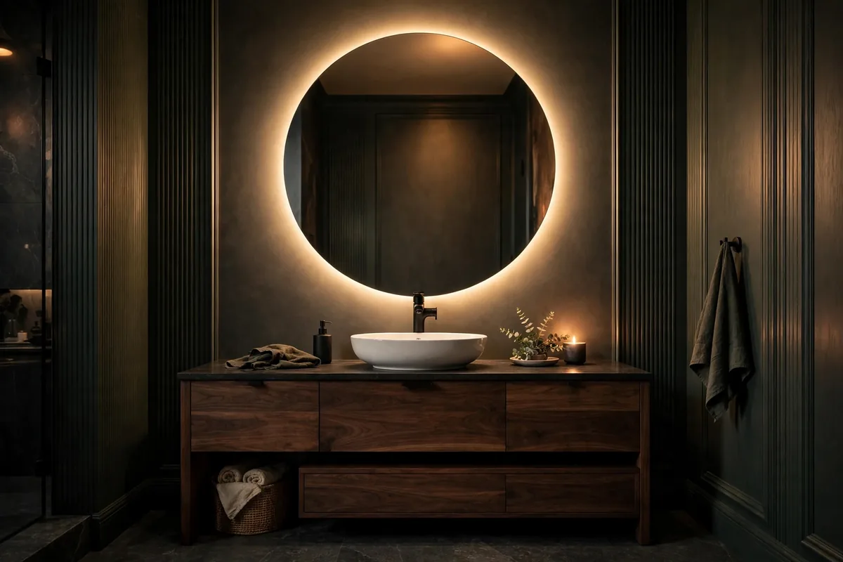 Large round backlit LED mirror glowing above a dark walnut vanity with white vessel sink and matte black faucet