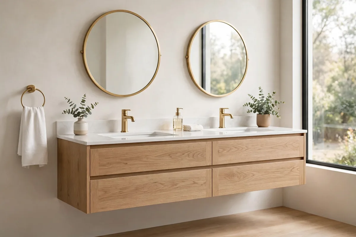 Wall-mounted floating double vanity in white oak with quartz countertop, two sinks, brushed gold taps and round mirrors