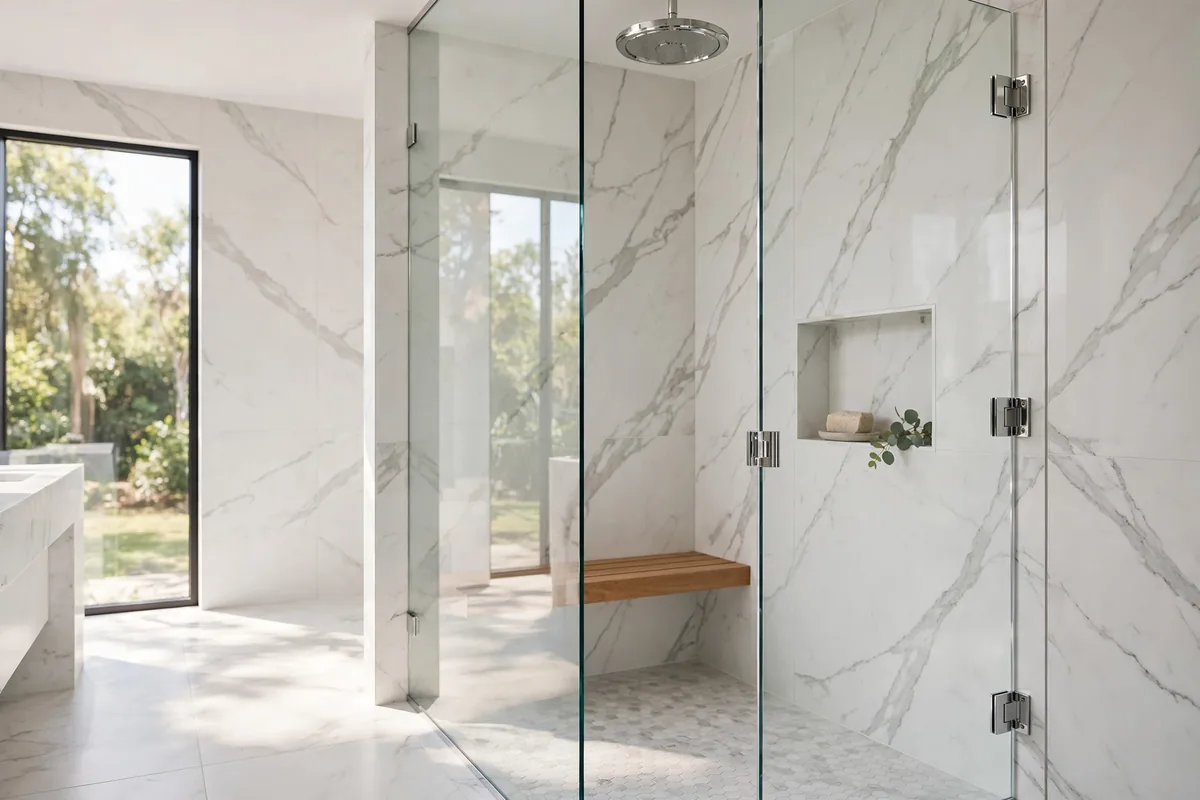 Frameless glass shower enclosure with clear tempered glass, chrome hinges and white marble-look tile in bright daylight