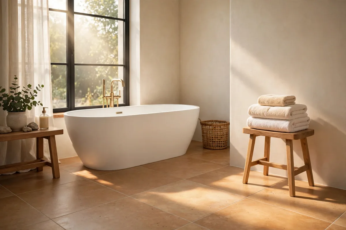 Warm-toned floor tiles in soft morning sunlight beside a freestanding white tub with folded towels on a wooden stool