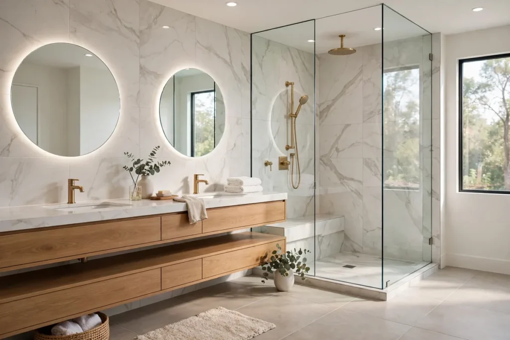 Bright remodeled bathroom with frameless glass walk-in shower, floating double vanity with quartz top, round backlit mirrors and brushed gold fixtures