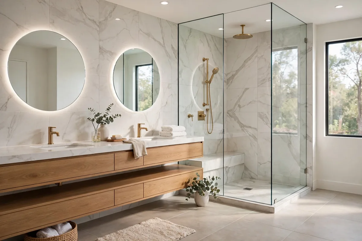 Bright remodeled bathroom with frameless glass walk-in shower, floating double vanity with quartz top, round backlit mirrors and brushed gold fixtures