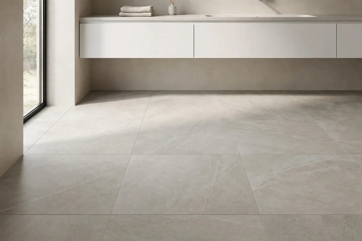 Large-format matte stone-look porcelain floor tiles with thin grout lines beneath a white floating vanity