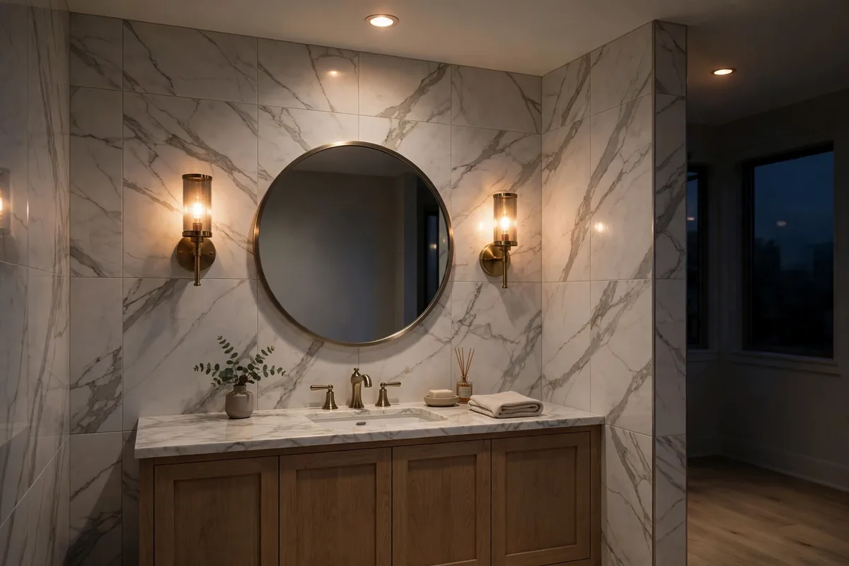 Bathroom with layered lighting: brass sconces flanking a round mirror, recessed ceiling light and warm dimmable glow